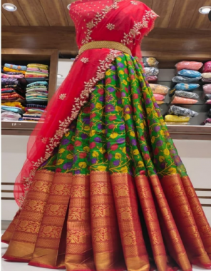 parrot green linen silk with zari border full printed lehenga | lehenga - 3 m | blouse - 1 m | dupatta - 2.20 m  fabric printed work casual 