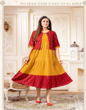 yellow kurti - rayon 14 kg | length - 48 ( approx) | jacket ( seprate ) - rayon 14 kg | length - 20 fabric printed work ethnic 