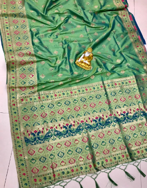 green heavy soft banarasi lichi silk patola style | blouse - plainself weaving contrast  fabric weaving work festive 