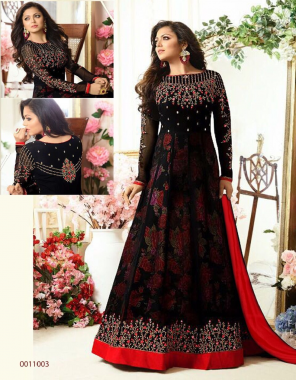 black top - heavy georgette with embroidery work + stone | sleeves - digital printed silk | bottom - santoon | dupatta - nazmin | length - max upto 54 | size - max upto 48 | flair - 3 m | type - semi stitched fabric embroidery work casual 