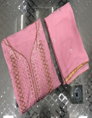 pink top - georgette with beautiful embroidery sequance and heavy zarkan work ( including sleeves ) | inner & bottom - santoon | dupatta - georgette with all over embroidery butta with sequance and zarkan work | size - fits upto 52 | length - 41 fabric embroidery work party wear 