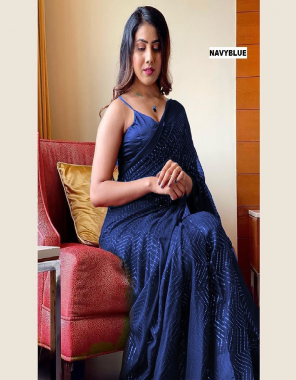 navy blue saree - georgette with embroidery and sequance work | blouse - banglory silk  fabric sequance work party wear 