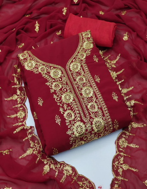 maroon top - georgette long suits ( 2 m) | bottom & inner - santoon  ( 3.6 m) | dupatta - georgette heavy border work ( 2.1 m) fabric embroidery + jari work work ethnic 