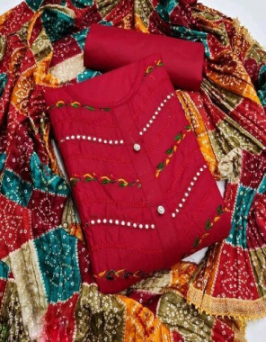 maroon top - cotton ( 1.9 m) | bottom - cotton ( 2 m) | dupatta - fancy bandhani dupatta ( 2.25 m)  fabric mirror work embroidery work party wear 