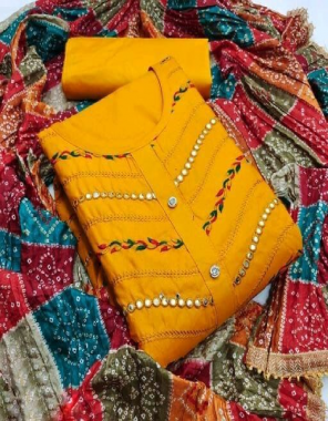 yellow top - cotton ( 1.9 m) | bottom - cotton ( 2 m) | dupatta - fancy bandhani dupatta ( 2.25 m)  fabric mirror work embroidery work festive 