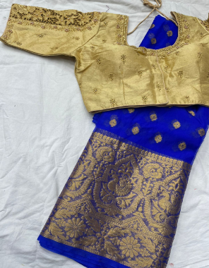 navy blue saree - kanchipuram organza gold jacquard with golden butti | blouse - handwork n cutwork - size - 38