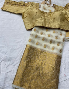 white saree - kanchipuram organza gold jacquard with golden butti | blouse - handwork n cutwork - size - 38