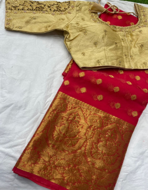 red saree - kanchipuram organza gold jacquard with golden butti | blouse - handwork n cutwork - size - 38