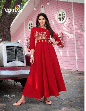 red 14kg heavy rayon long kurti fabric printed work festive 