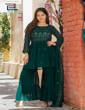 dark green top - faux georgette with both side embroidery work | bottom - faux georgette ( elastic waist ) | dupatta - faux georgette with embroidery work  fabric embroidery work party wear 