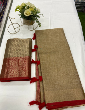 brown linen with jari weaving with fumta  fabric weaving work festive 