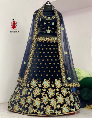 navy blue lahenga - 9000 markable velvet + with big can can and canvas added its to stand can can | blouse- 9000 markable velvet + big size long blouse + full sleeve | dupatta - net  fabric lehenga - beautiful embroidery work fancy dori work + full of ciramic daimonds | blouse - embroidery | dupatta - heavy embroidery work with border  ( master copy) work festive 