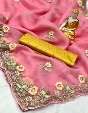 pink saree - heavy pure cotton organza silk | blouse - heavy contrast colour jacquard butti work fabric embroidery work party wear 