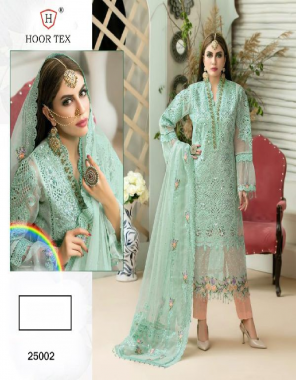 sky blue top - heavy net with embroidery and sequance work | bottom - santoon with contrast colour | inner - santoon | dupatta - net with embroidery and moti work | size - 56 ( 8xl ) fabric heavy embroidery work party wear 