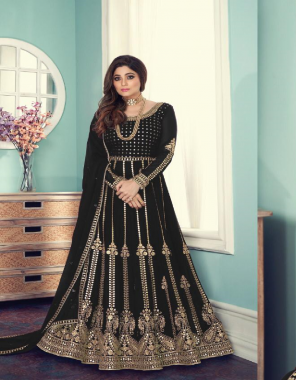 black top - georgette codding sequance embroidery work | inner - heavy santoon ( 2 m)| sleeves - georgette | bottom - heavy dull santoon ( 2 m) | dupatta - georgette + less patti | length - max upto 54 inch | size - max upto 48 inc | flair - max upto 48 inc | type - semi stitched  fabric sequance +emrboidery work party wear 