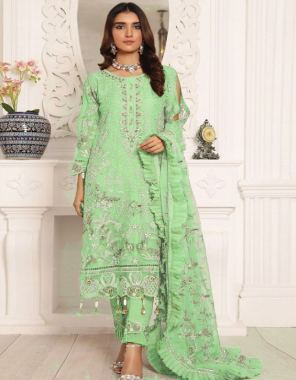 parrot green top - butterfly net with embroidery + sequance work attached latkan | sleeves - net with embroidery + seuqnace work | bottom - santoon with patch work | bottom - santoon + patch work | length - 44