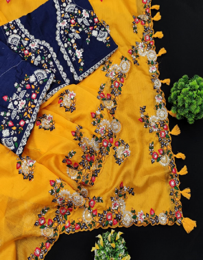 yellow premium organza silk | blouse - fentam silk fabric thread sequance work festive 