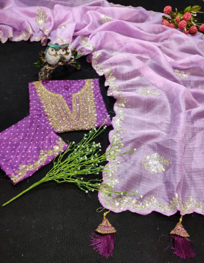 purple soft organza silk | blouse - digital vichitra silk fabric embroidery + sequance work work casual 