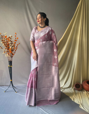 pink linen silk with silver zari weaving  fabric weaving work festive 