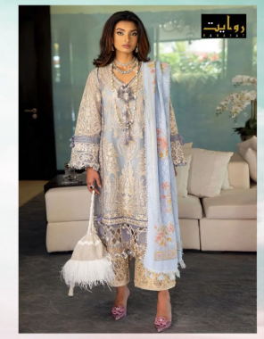 sky blue top - pure cotton lawn embroidery kameez | dupatta - nazmin chiffon / butterfly net with work | bottom - semi lawn [ pakistani copy ] fabric embroidery work party wear 