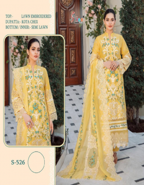 yellow top - lawn embroidered | bottom / inner - semi lawn | dupatta - kota chex [ pakistani copy ] fabric embroidery work festive 