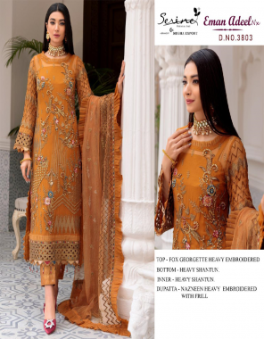 yellow top - fox georgette heavy embroidered | bottom & inner - heavy shantun | dupatta - nazmeen heavy embroidered with frill [ pakistani copy ] fabric heavy embroidery work casual 