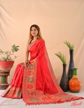 red saree - heavy soft banarasi lichi silk | blouse - plain contrast colour fabric sequance weaving work festive 