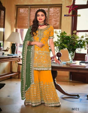 yellow top - heavy georgette with embroidery & sequance | bottom - heavy georgette with embroidery and sequance work ( full stitch free size )| inner - santoon | dupatta - georgette with embroidery side sequance lace work | size - 58 ( 9xl) fabric embroidery work party wear 