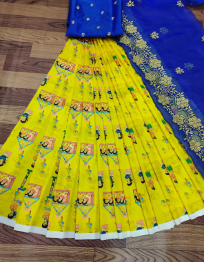 yellow lehenga - kanjivaram silk printed lehenga ( 3 m)  | blouse - 1 m | dupatta - organza with 2side piping ( 2.20 m) fabric printed work ethnic 