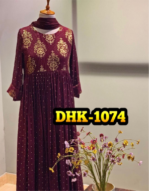 wine gown - heavy fox georgette - inner - micro cotton - length - 46-8 inch - flair - 3 m ( fully stitched ) | bottom - micro cotton ( unstitched ) | dupatta - heavy fox georgette fabric embroidery work casual 