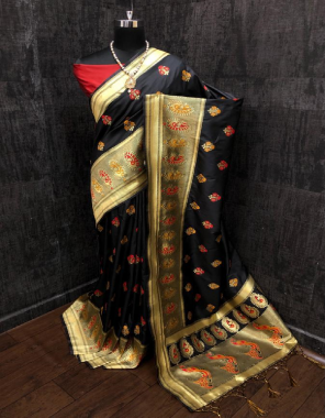 black soft lichi silk with gold weaving border with running blouse fabric weaving work ethnic 