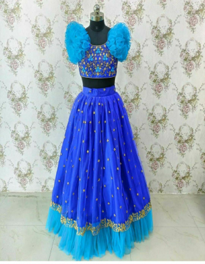 blue heavy designer embroidery blouse with multi frill work sleeves | golden zari border and butta work embroidery on soft netted lehenga with frill work and can can | inner - mirco cotton ( lehenga and blouse ) fabric embroidery work ethnic 