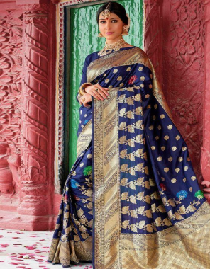 royal blue banarasi silk  fabric jacquard + weaving work wedding 