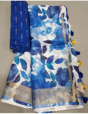blue linen digital print with jari border fumta fabric digital printed work festive 