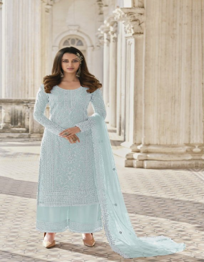 sky blue top & sleeves - heavy butterfly net with coding embroidery with diamond work | dupatta - butterfly net with 2 side coding embroidery lace | bottom - heavy net with santoon inner + patch work | inner - santoon | length - 46 
