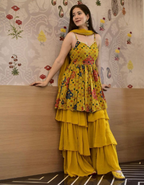 yellow top - rayon | sharara and dupatta - georgette with complete lining  fabric embroidery work ethnic 
