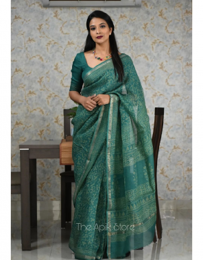 green saree - kota doria digital print | blouse - running print fabric digital printed work ethnic 