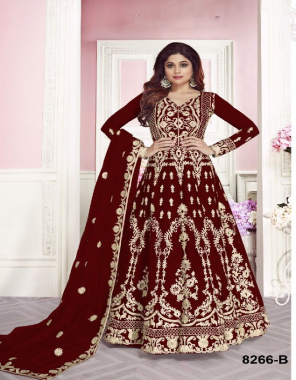 maroon top - net with chain stitch work + stone | sleeves - net with chain stitch work | dupatta - net with chain stitch work | inner - santoon | bottom - santoon | length - max upto 56 | | flair - max upto 3.20 | type - semi stitched fabric embroidery worked work casual 