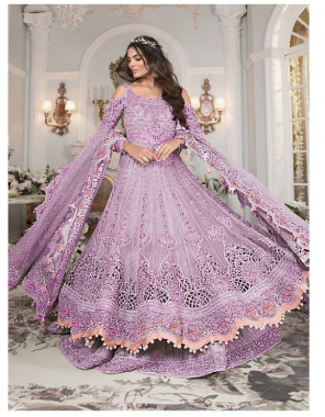 purple top - butterfly net with embroidery sequance and stone work | sleeves - net with embroidery sequance stone work | dupatta - net chain stitch work | bottom & inner - santoon | length - 54