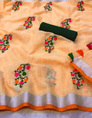 peach saree -  pure linen | blouse - banglory silk fabric embroidery work + beautiful tassels in pallu work casual 