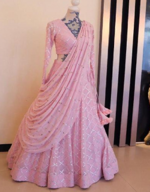baby pink lehenga - heavy georgtte - work - mirror work with fully finishing- gher - 2.30m| blouse - heavy georgette - cut - 0.80 cm - work embroidery foil mirror  | dupatta - heavy georgette - work - satin border with atteched moti fabric mirror work work festive 