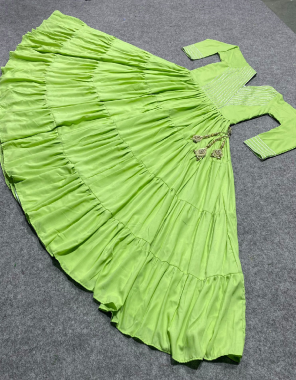 parrot green gown - muslin silk with embroidery worked with full sleeves | inner - micro cotton | length - 55 inch | flair - 3 m  | size - up to 42 xl free size ( free stitched ) fabric emrboidery work ethnic 