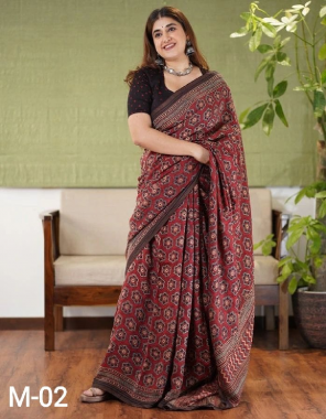 maroon saree - ajrakh printed soft cotton silk | blouse - digital print soft cotton  fabric digital printed  work casual 