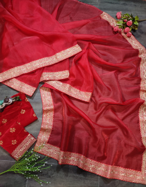 red saree - soft khadi organza silk | blouse - heavy tafeta velvet fabric embroidery work ethnic 