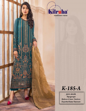 rama top - georgette with multi embroidery work ( including sleeves ) | bottom - santoon | dupatta - nazmeen with zari work with one size embroidery work | size - fits upto 46 | length - 44