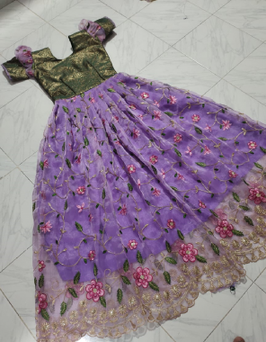 purple gown - full stitched organza embroidery work with contrast top part | lining - heavy crape ( full upto bottom ) fabric embroidery work casual 