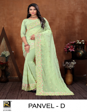 parrot green georgette  fabric embroidery work party wear 