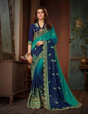 sky blue saree - chinon chiffon | blouse - mono banglori silk fabric embroidery work ethnic 