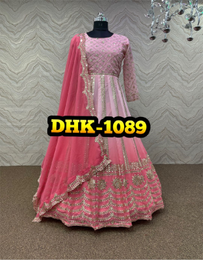 pink gown - heavy fox georgette | inner - micro cotton | sleeves - full sleeves with embroidery 5mm sequance worked | dupatta - heavy fox georgette | gown length - 56 - 58 inch | flair - 3 m | gown size - xl stitched with xxl margin ( fully stitched )  fabric embroidery + sequance work ethnic 