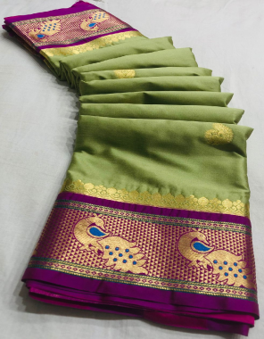 parrot green cotton silk gold multi peacock weaving border with contrast blouse fabric weaving work party wear 